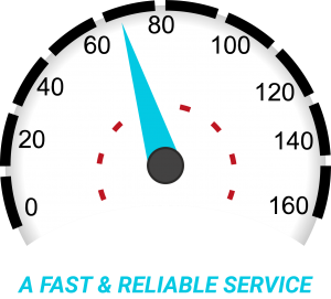 Graphic representation of a speedometer with a needle pointing towards 80.