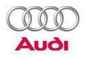 Audi logo featuring four interlocking rings above the brand name in red text.