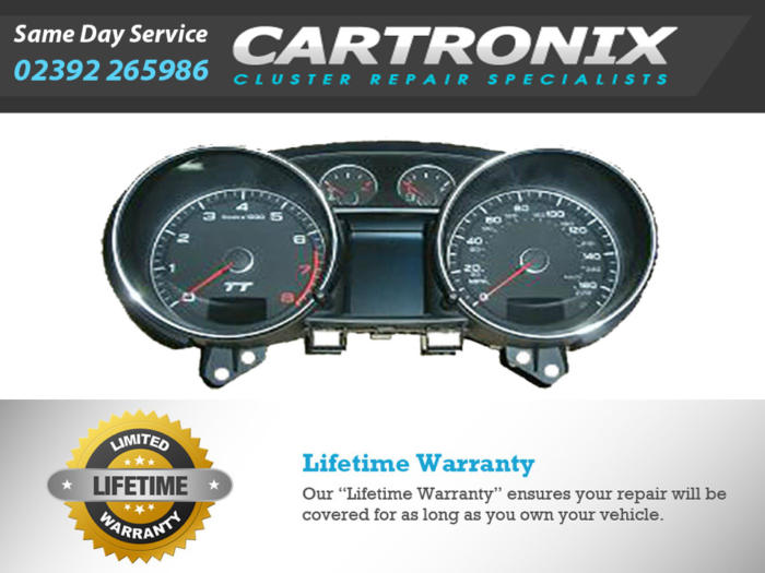 Audi TT instrument cluster dashboard with two 2-inch gauges for speed and RPM readings.