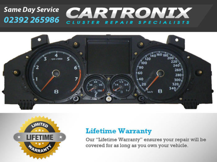 Dashboard cluster featuring speedometer, tachometer, and fuel gauge for vehicle instrumentation.