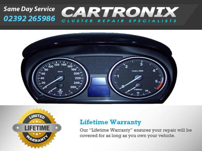 BMW instrument cluster with speedometer and tachometer gauges, measuring 88-inch.
