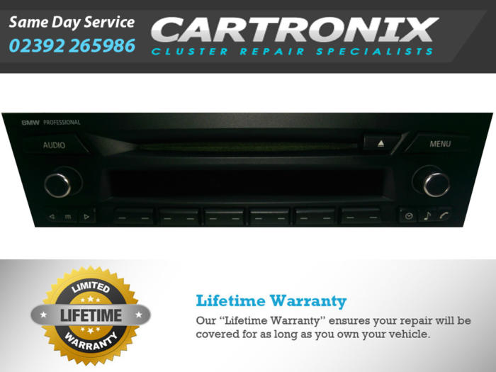 BMW professional radio unit with LCD display and control buttons for audio settings.