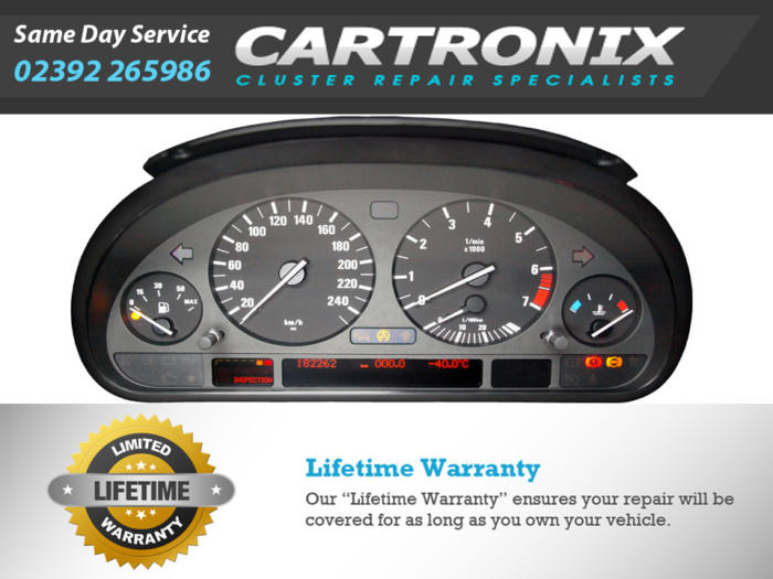 Instrument cluster for BMW E39 5 Series with speedometer, tachometer, and warning lights.