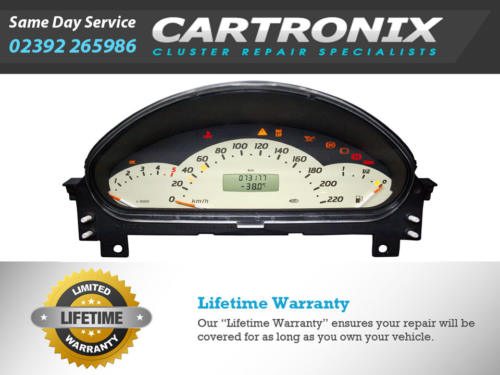 Dashboard cluster repair service by Cartronix with speedometer and odometer readings.