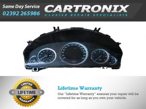 Mercedes W204 C Class dashboard instrument cluster with speedometer and gauges displayed.