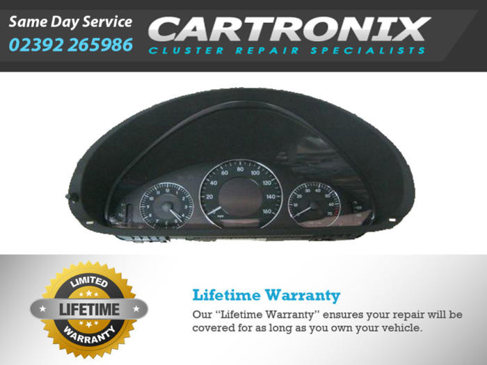 Mercedes CLK W209 209-inch instrument cluster with speedometer and gauges.