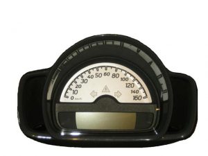 Smart Car instrument cluster with speedometer and warning lights displayed.