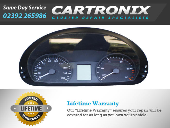 Instrument cluster for a Mercedes Sprinter showing speedometer and LCD display.