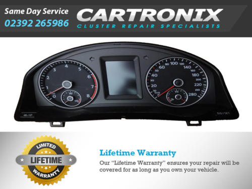 VW EOS instrument cluster dashboard with speedometer and tachometer displays.