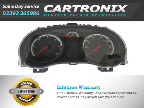 Corsa D speedometer and instrument cluster with gauges for speed and fuel levels.