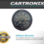 Speedometer gauge displaying miles per hour with a black background and white markings.