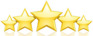 Five yellow stars arranged in a row, reflecting a shiny surface beneath them.