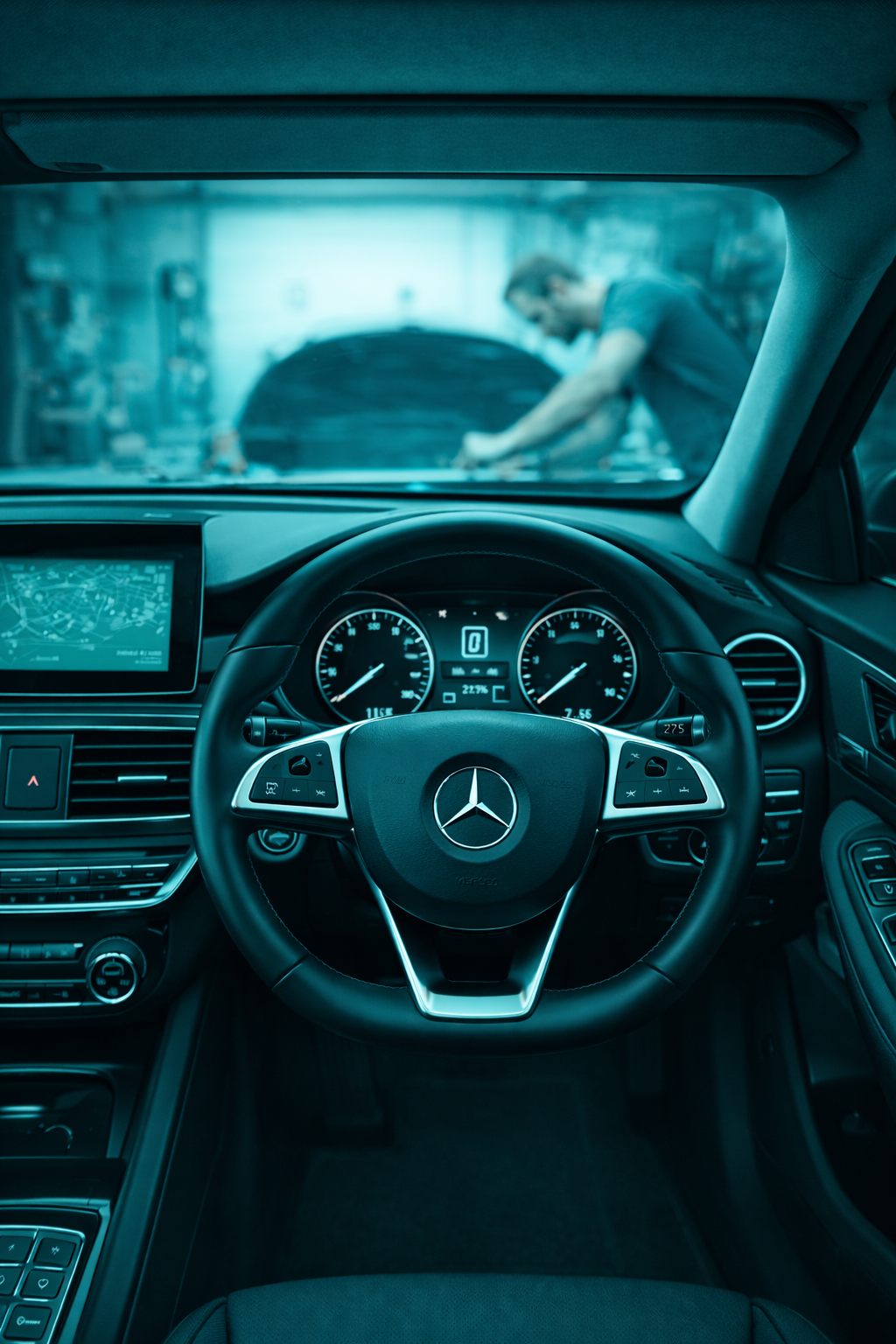 Interior view of a Mercedes car dashboard with steering wheel and instrument cluster.