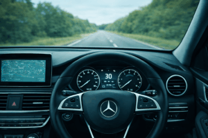 Dashboard view of a Mercedes-Benz vehicle showing speedometer and navigation display.